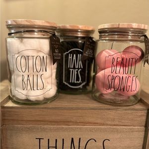 Rae Dunn set of 3 canisters. Cotton balls, hair ties & beauty sponges